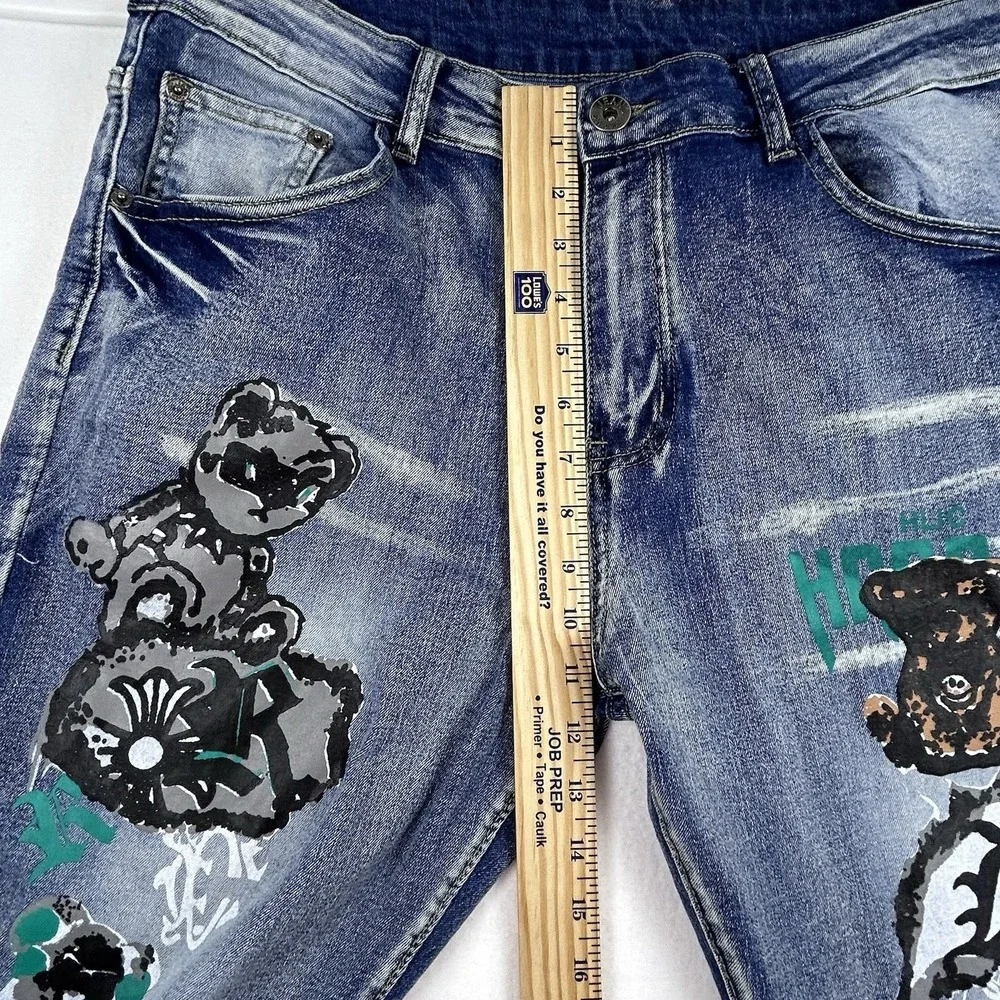 Men's Baggy Graphic Jeans 36 Teddy Bear Graffiti‎ Y2K Streetwear Wide Leg Skater